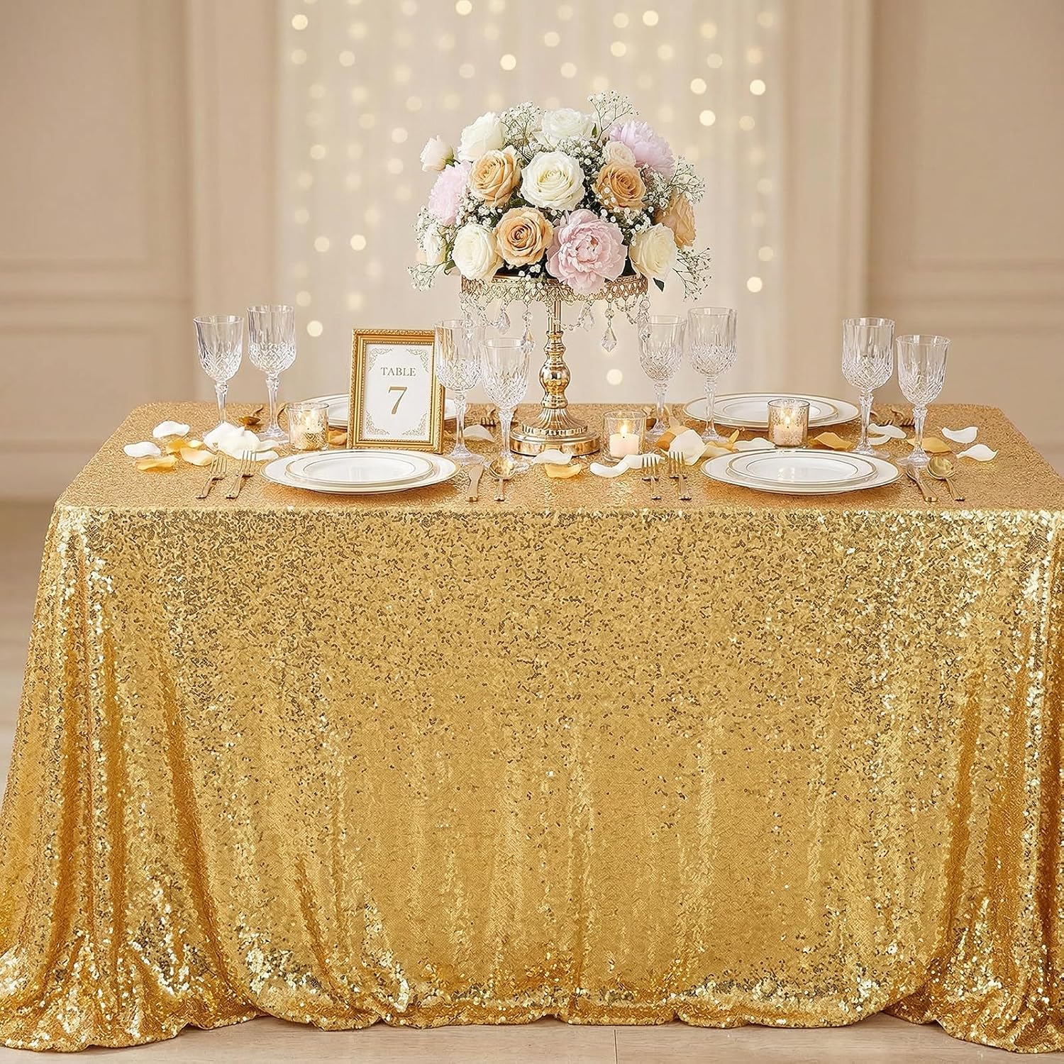Glitter Gold Tablecloth for Parties 90x156 Inch Rectangle Sequin Fabric | Table Cloth for Wedding Birthday Banquet, Seamless ONE-PIECES, Sparkly 3MM sequin, Serged Edges No Falling, for 6-10FT Table